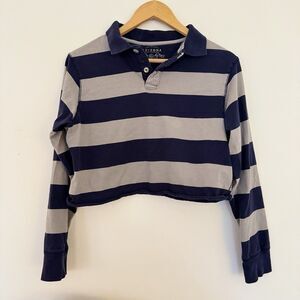 Vintage Arizona Jeans Co Cropped Rugby Shirt XL Gray Navy Blue Long Sleeve Y2K